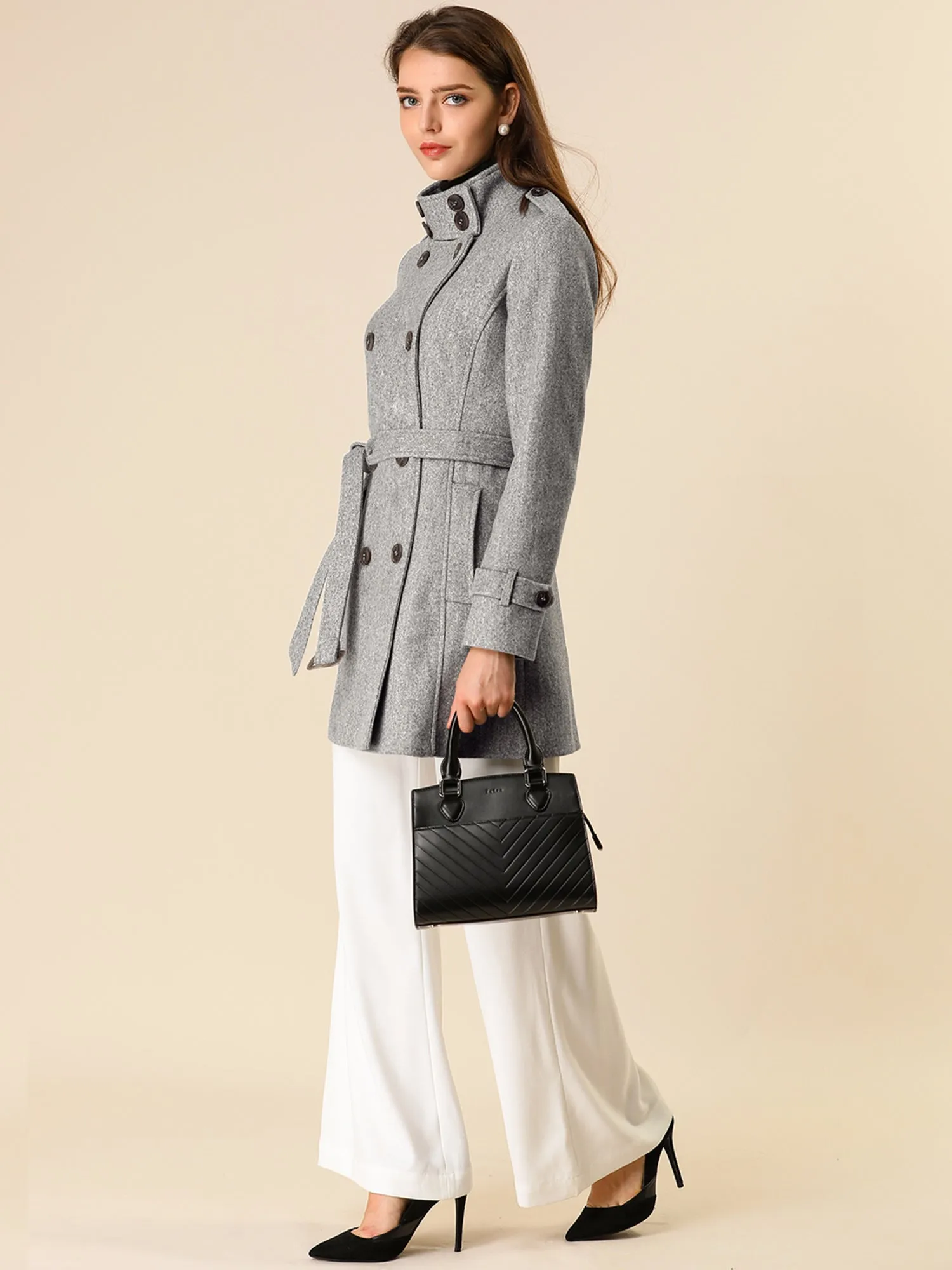 Stand Collar Double Breasted Trendy Belted Winter Coat