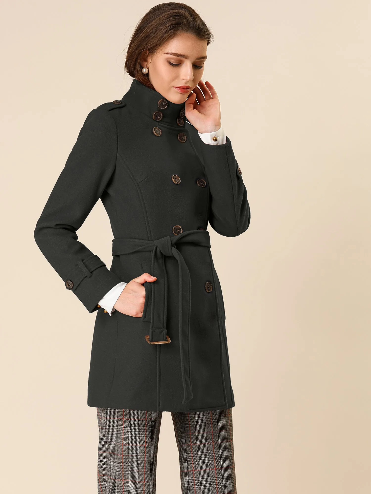 Stand Collar Double Breasted Trendy Belted Winter Coat