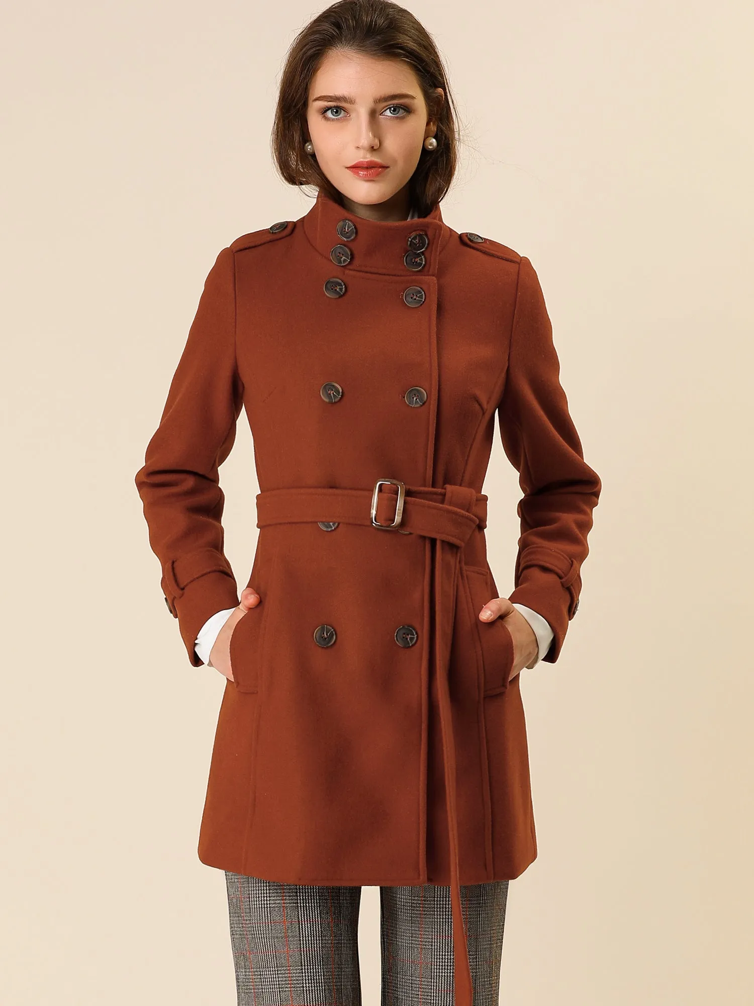 Stand Collar Double Breasted Trendy Belted Winter Coat