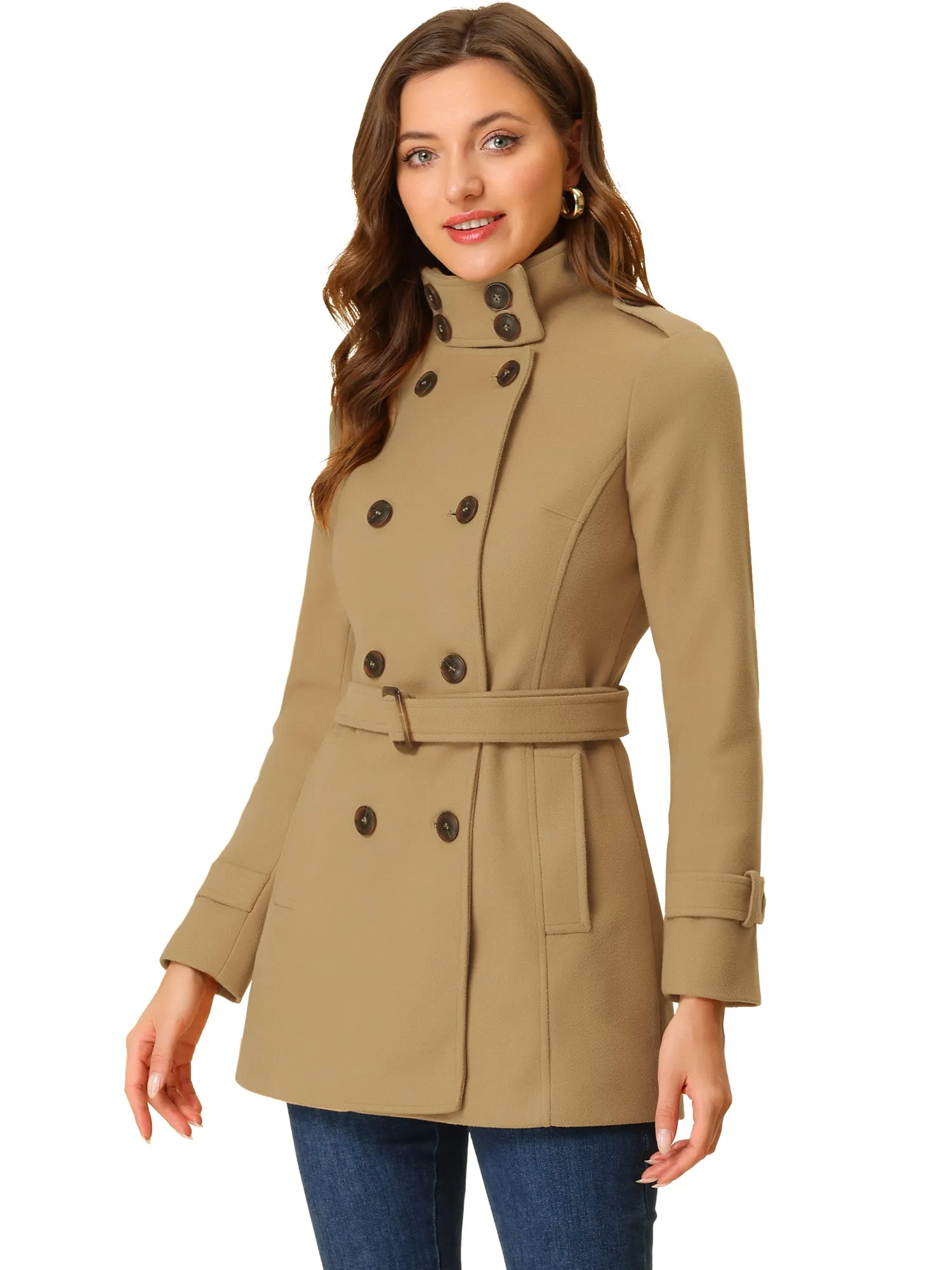Stand Collar Double Breasted Trendy Belted Winter Coat