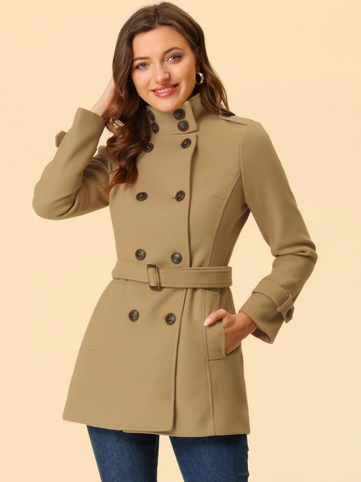 Stand Collar Double Breasted Trendy Belted Winter Coat