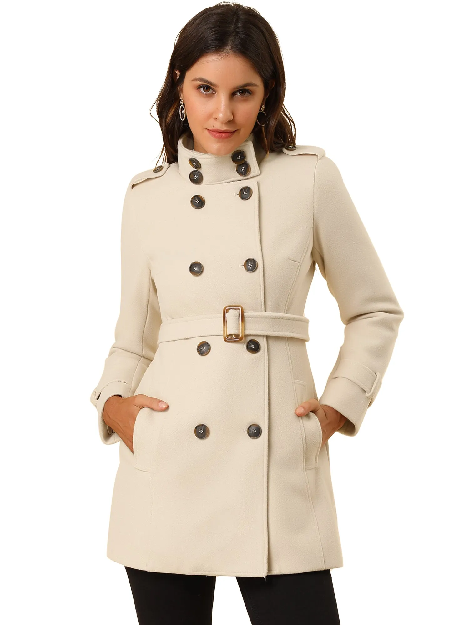 Stand Collar Double Breasted Trendy Belted Winter Coat