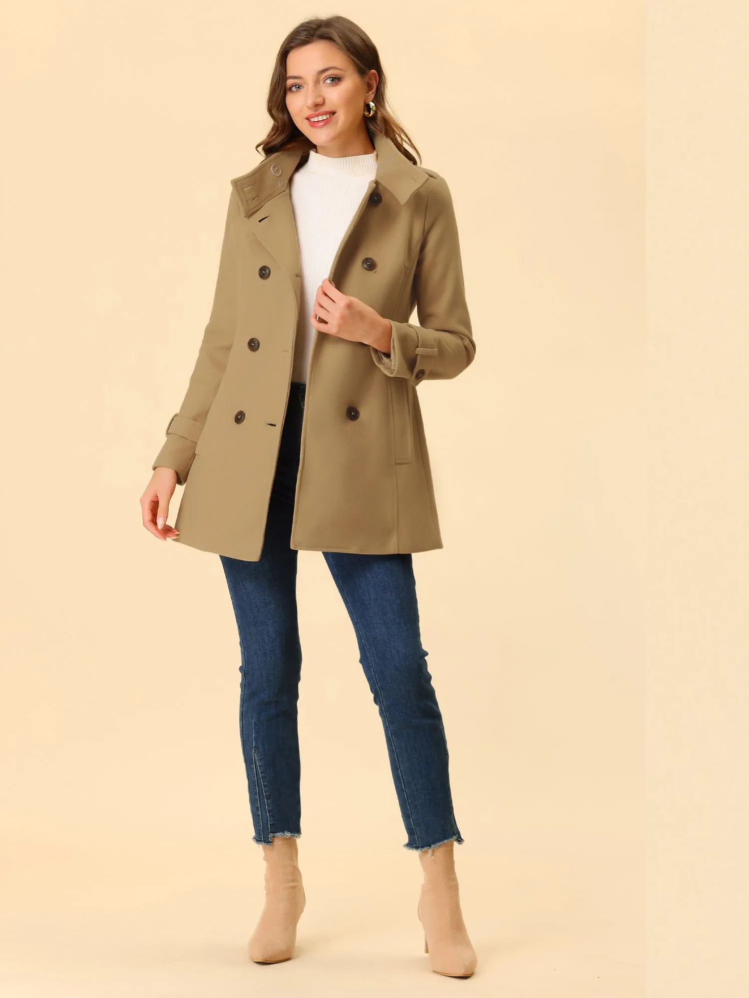 Stand Collar Double Breasted Trendy Belted Winter Coat