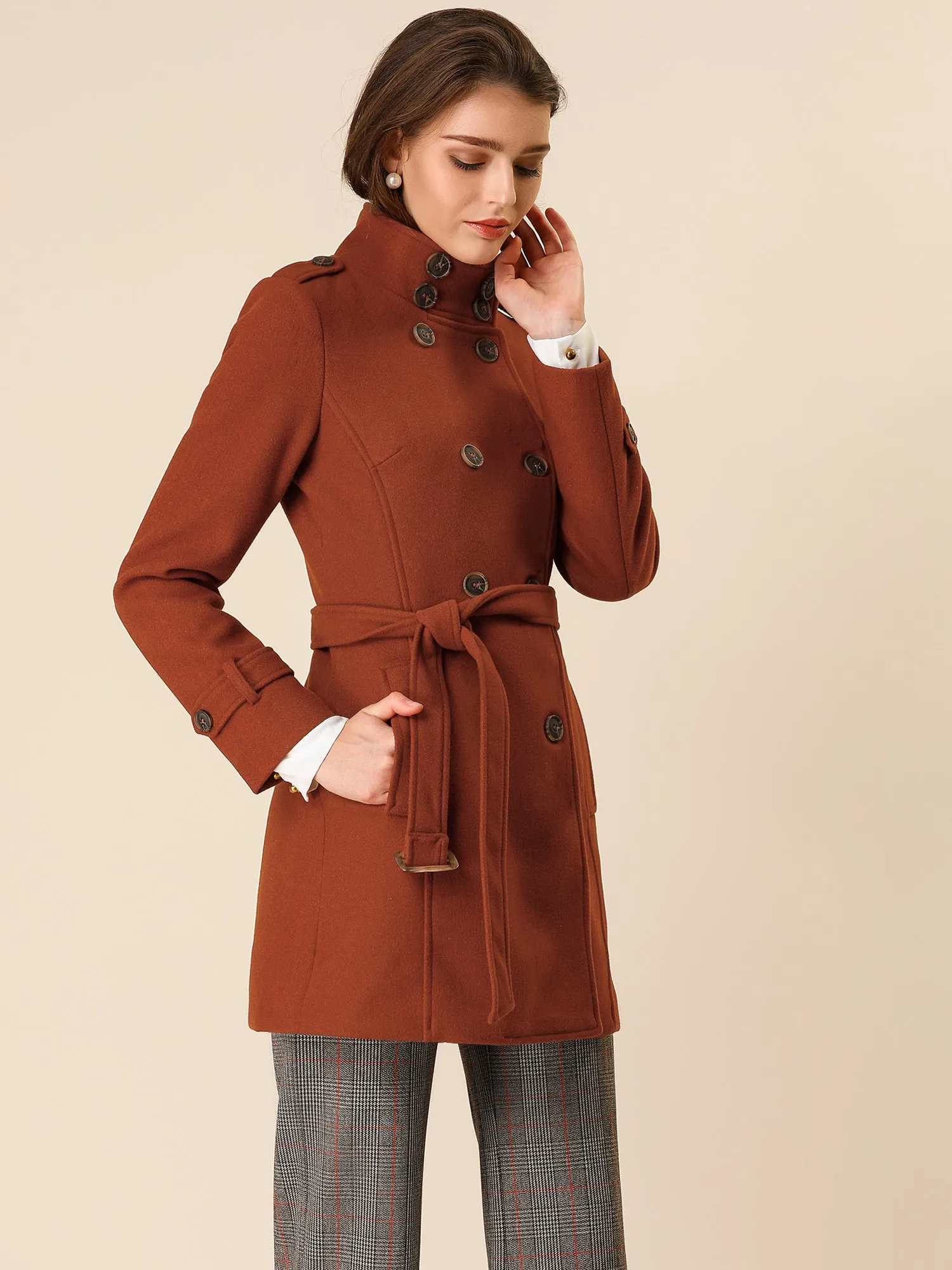 Stand Collar Double Breasted Trendy Belted Winter Coat