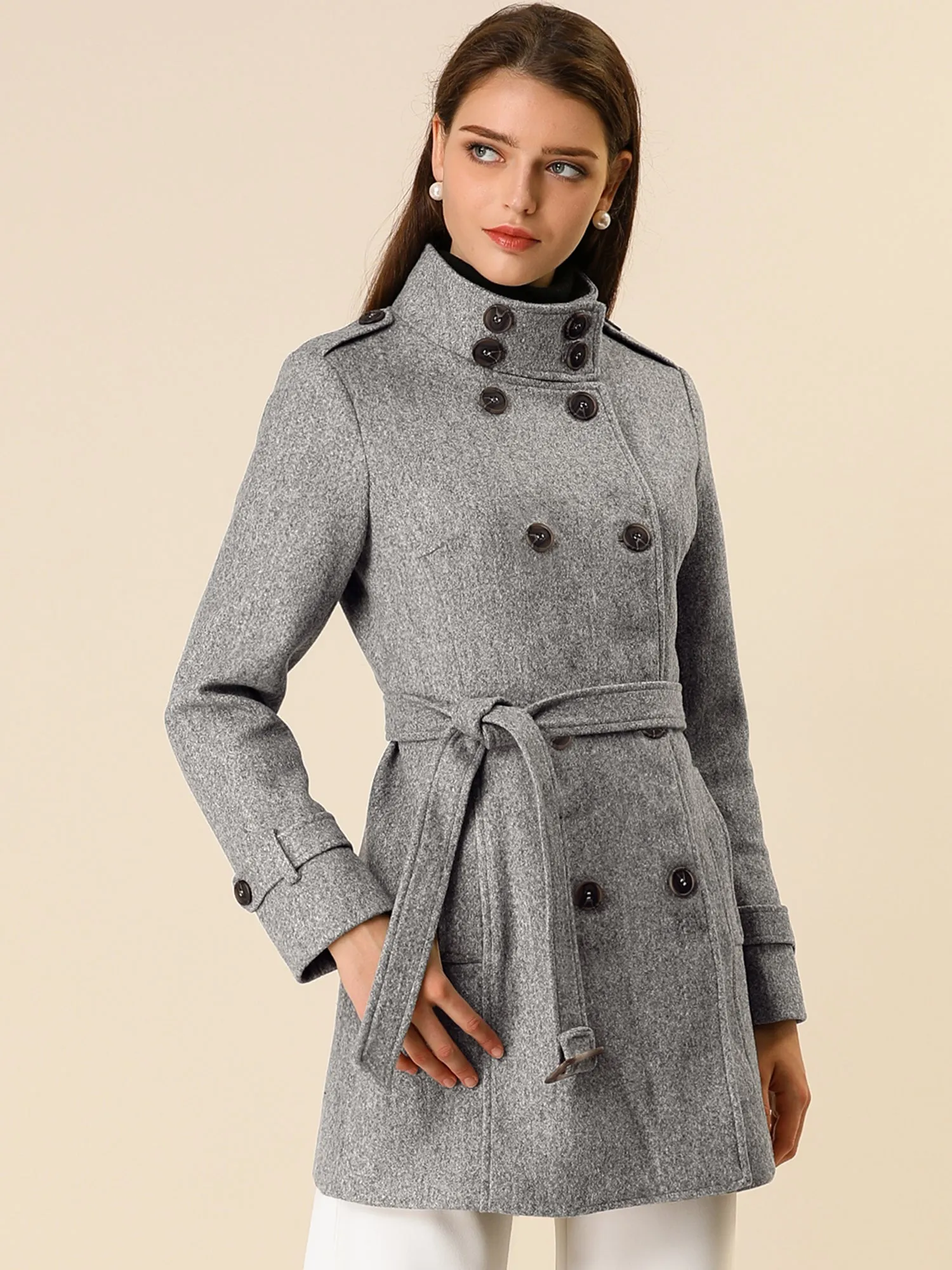 Stand Collar Double Breasted Trendy Belted Winter Coat