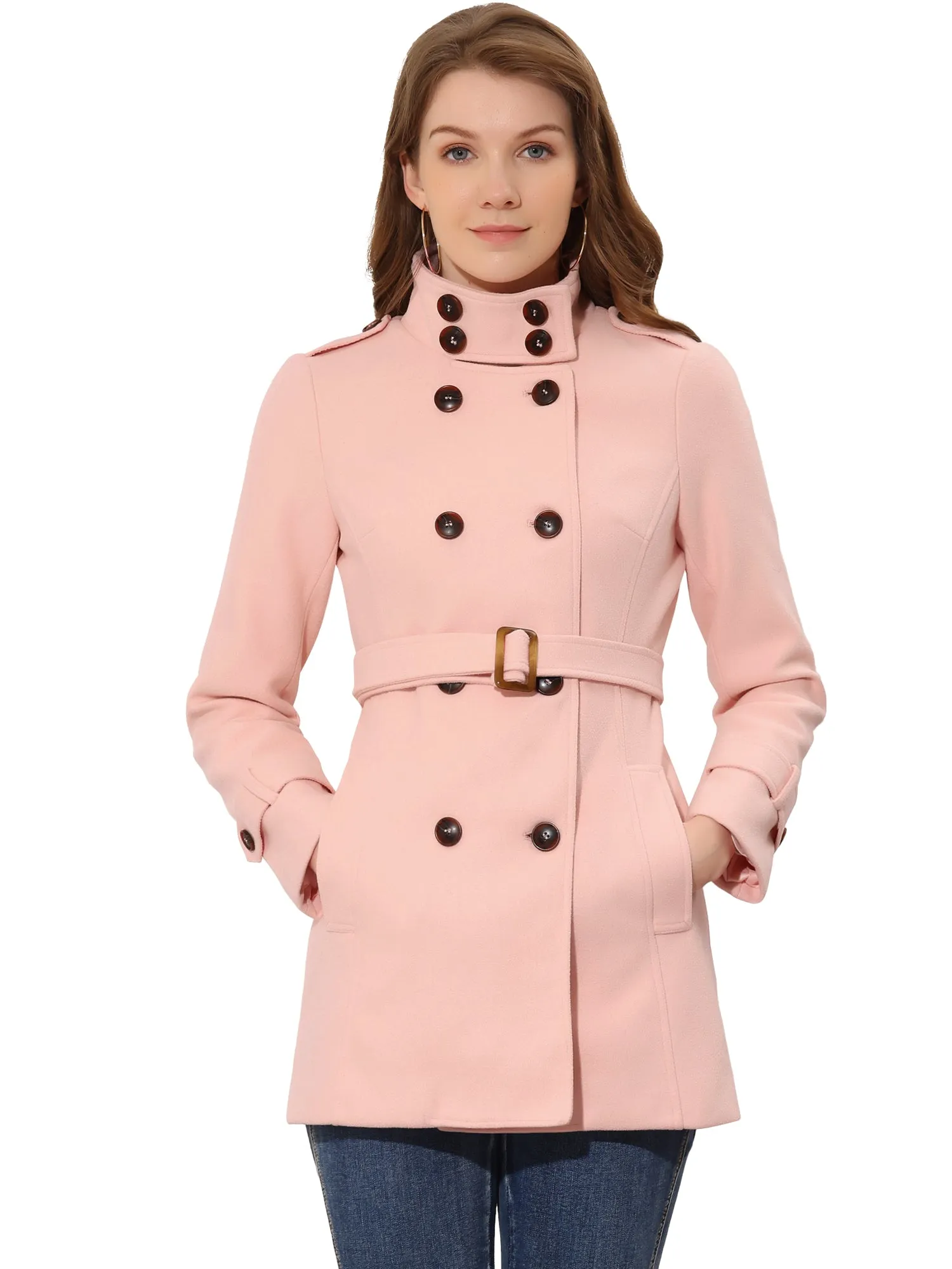 Stand Collar Double Breasted Trendy Belted Winter Coat