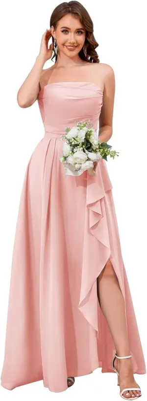 Strapless Chiffon Bridesmaid Dresses for Women Ruffle Ruched Long Evening Gown with Slit