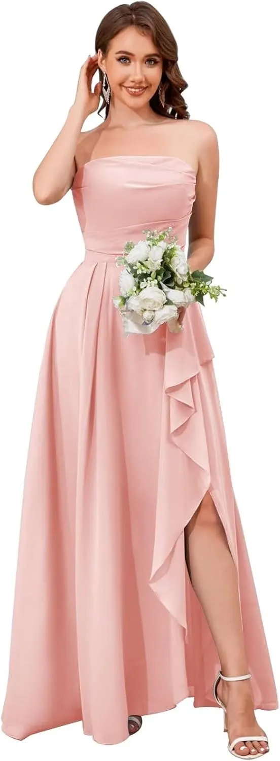 Strapless Chiffon Bridesmaid Dresses for Women Ruffle Ruched Long Evening Gown with Slit