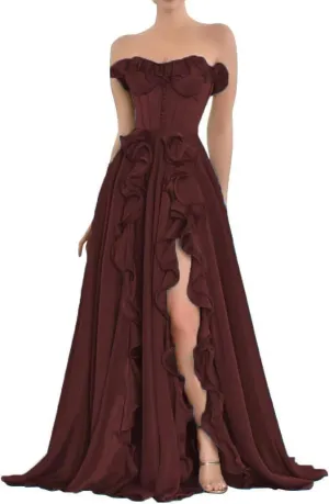 Strapless Chiffon Long Prom Dresses with Slit for Women Pleated Ball Gown A Line Ruffles Formal Evening Party Gowns