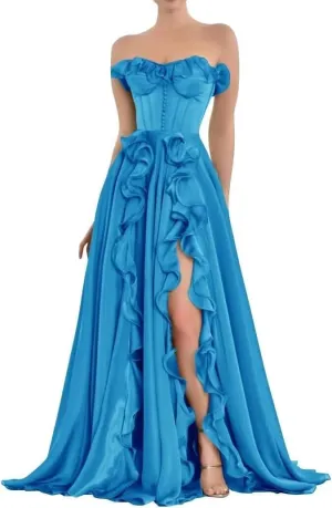 Strapless Chiffon Long Prom Dresses with Slit for Women Pleated Ball Gown A Line Ruffles Formal Evening Party Gowns