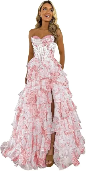 Strapless Floral Print Prom Dresses for Women A Line Tiered Ruffle Chiffon Formal Evening Ball Gowns AP32