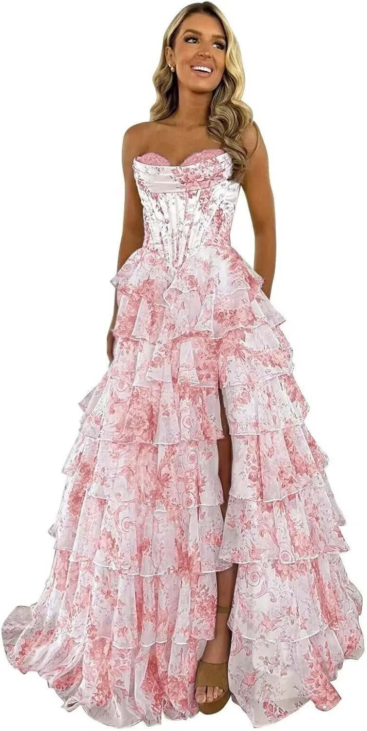 Strapless Floral Print Prom Dresses for Women A Line Tiered Ruffle Chiffon Formal Evening Ball Gowns AP32