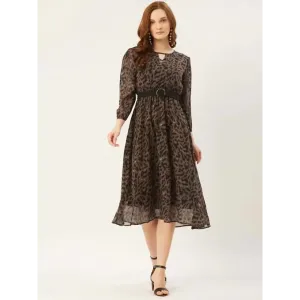 Stylish Georgette Brown Leopard Print 3/4 Sleeves Key Hole Neck Dress For Women