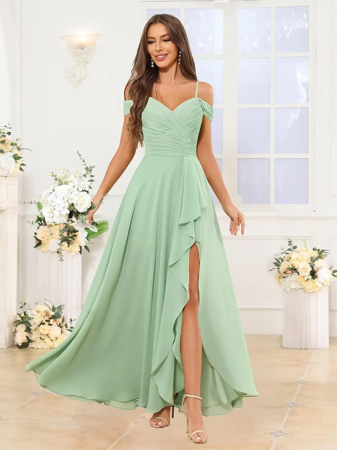 Sukleet Off The Shoulder Bridesmaid Dress Long for Wedding Chiffon Formal Dress with Slit