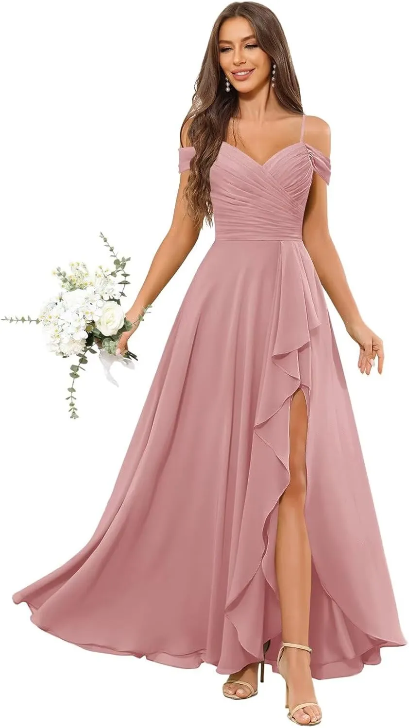 Sukleet Off The Shoulder Bridesmaid Dress Long for Wedding Chiffon Formal Dress with Slit