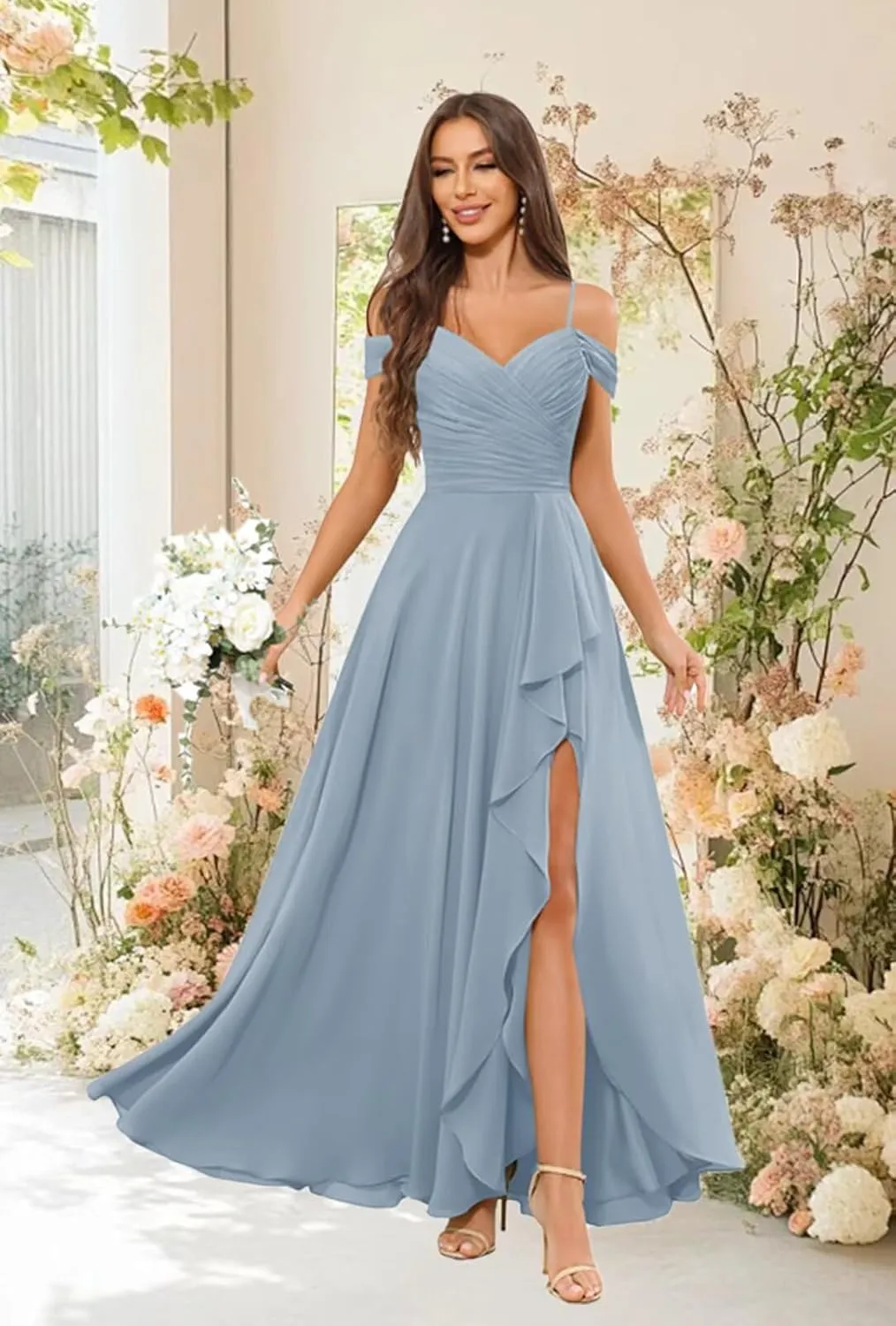 Sukleet Off The Shoulder Bridesmaid Dress Long for Wedding Chiffon Formal Dress with Slit