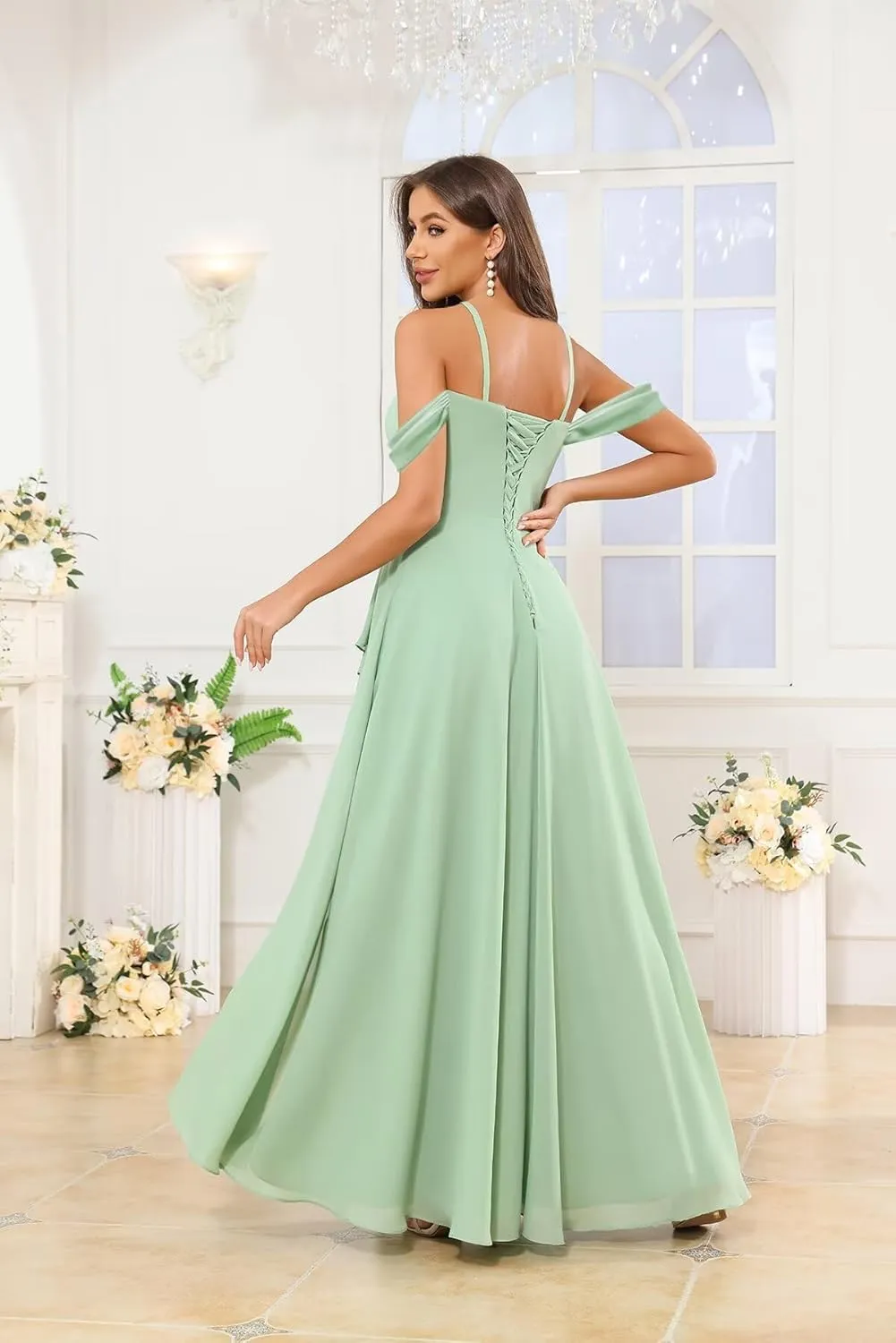 Sukleet Off The Shoulder Bridesmaid Dress Long for Wedding Chiffon Formal Dress with Slit