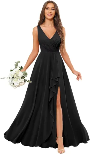 Sukleet Women's V Neck Chiffon Bridesmaid Dress Long Ruffle Pleated A Line Formal Dresses with Slit