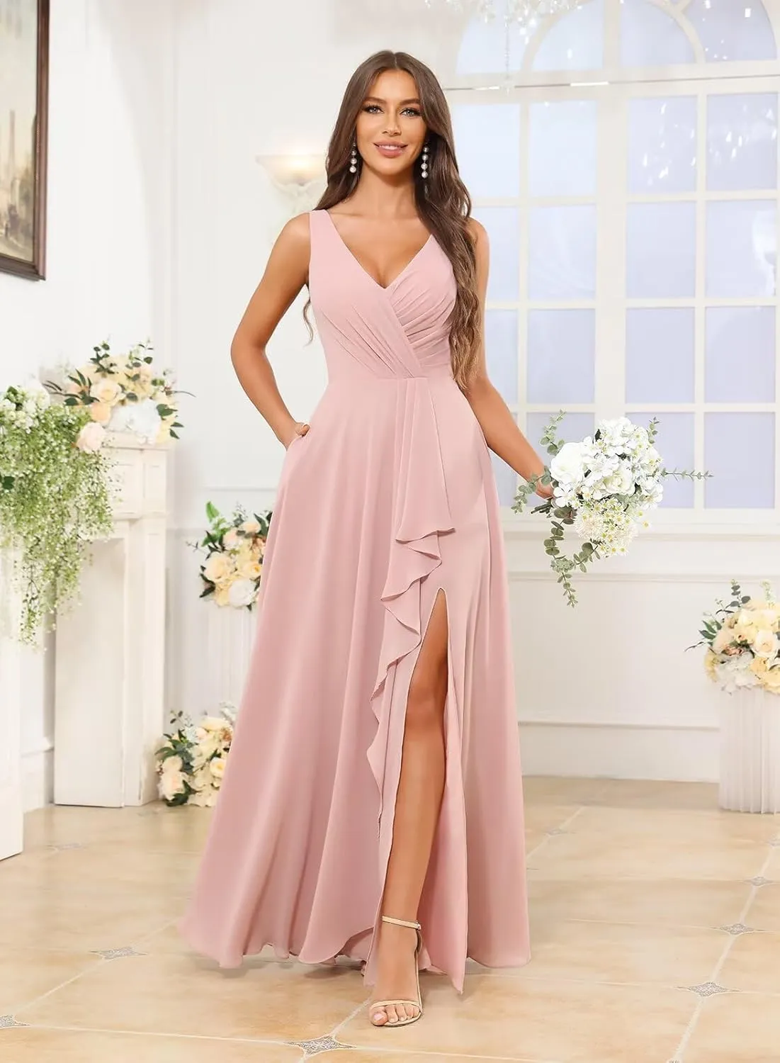 Sukleet Women's V Neck Chiffon Bridesmaid Dress Long Ruffle Pleated A Line Formal Dresses with Slit