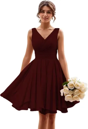 Summer Cocktail Dress Short Chiffon Mini Sundress Sleeveless V-Neck Casual Beach Dress
