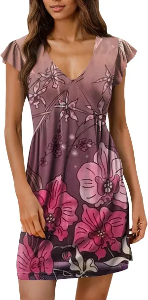 Summer Dress Deep V Neck Beach Sun Dress Ruffle Sleeve Mini Flapper Dress Floral Print Casual Dress