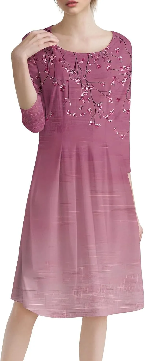 Summer Dress for Women Trendy Vintage Floral Crew Neck 3/4 Sleeve A Line Flowy Casual Beach Midi Dress with Pockets
