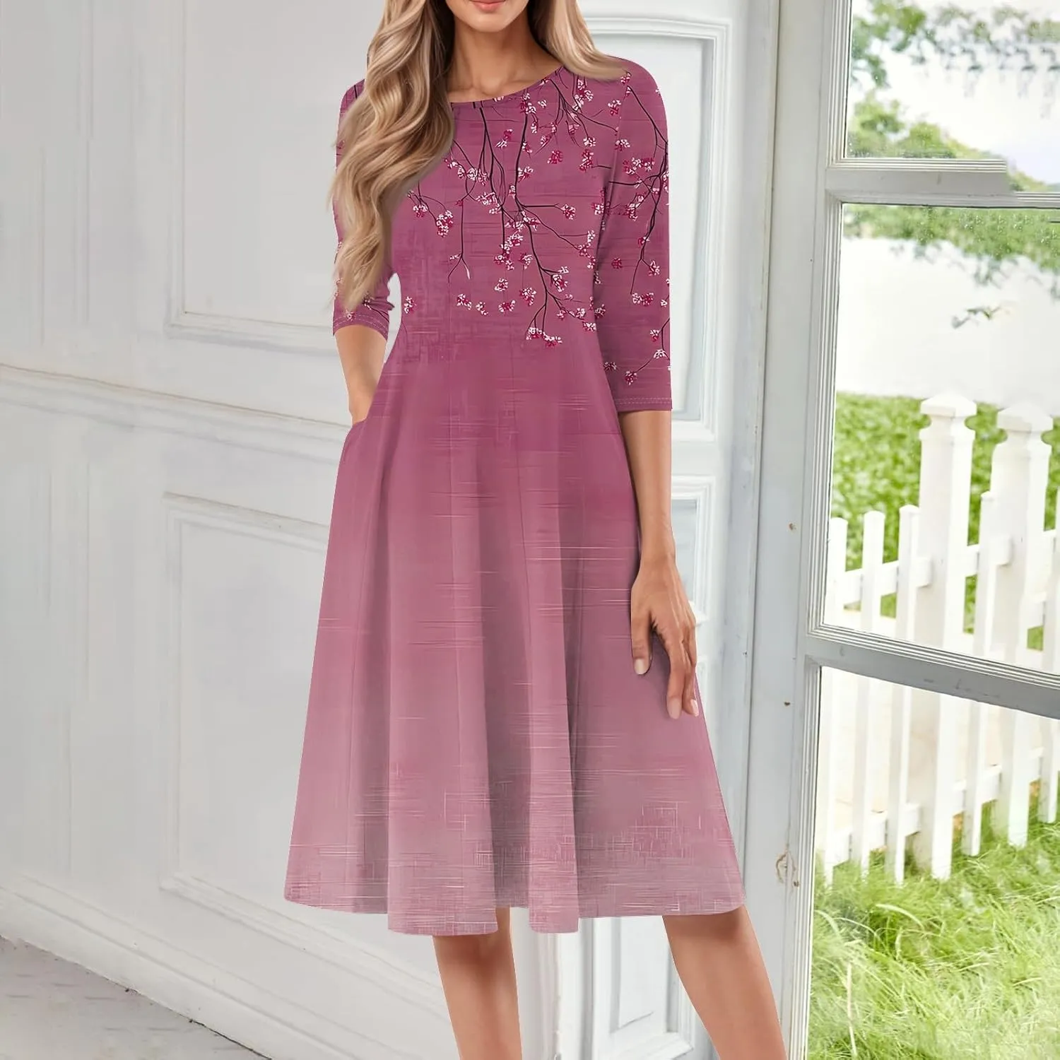 Summer Dress for Women Trendy Vintage Floral Crew Neck 3/4 Sleeve A Line Flowy Casual Beach Midi Dress with Pockets
