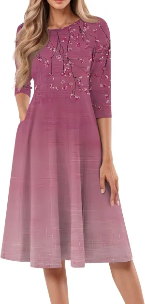 Summer Dress for Women Trendy Vintage Floral Crew Neck 3/4 Sleeve A Line Flowy Casual Beach Midi Dress with Pockets