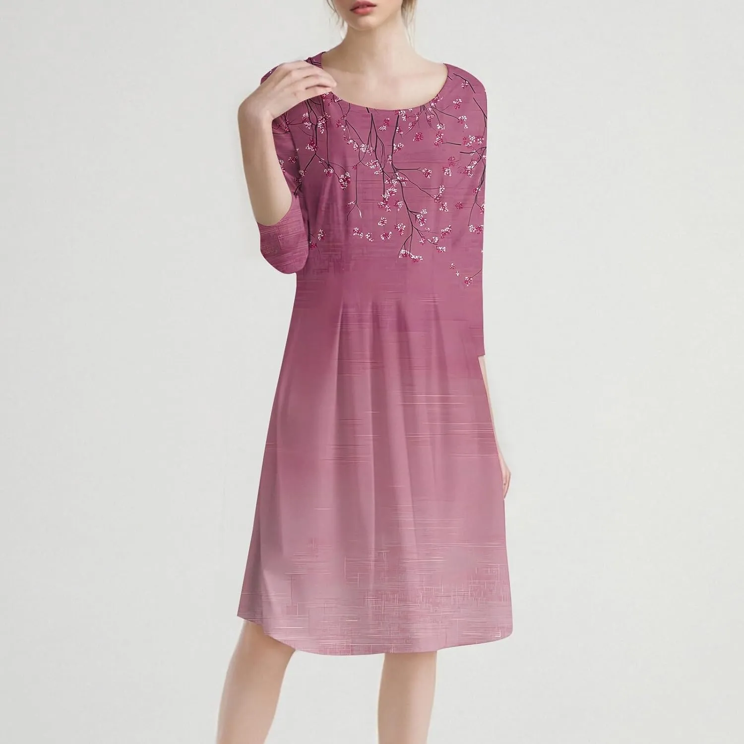 Summer Dress for Women Trendy Vintage Floral Crew Neck 3/4 Sleeve A Line Flowy Casual Beach Midi Dress with Pockets