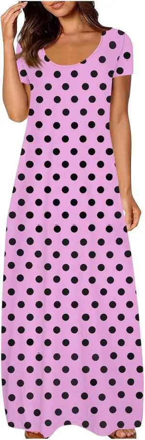 Summer Dresses for Women 2025 Trendy Boho Polkadot Print Cap Sleeve Round-Neck Plus Size Maxi Dress Beach Sundress