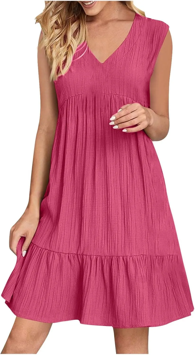 Sundresses for Women 2025 Casual Summer Beach Vacation Hawaiian Dress Pleated V Neck Tunic A Line Flowy Mini Dresses