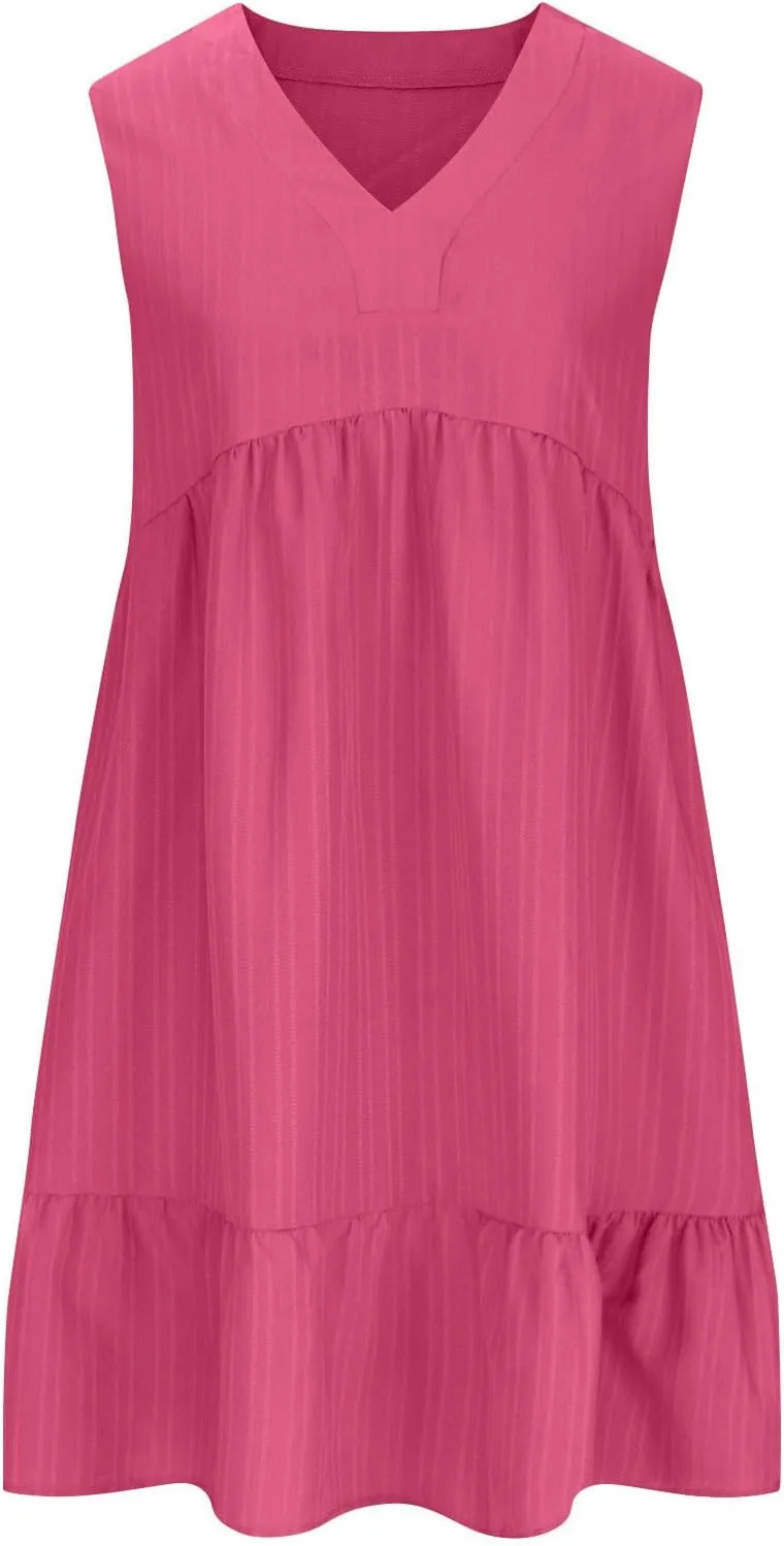 Sundresses for Women 2025 Casual Summer Beach Vacation Hawaiian Dress Pleated V Neck Tunic A Line Flowy Mini Dresses