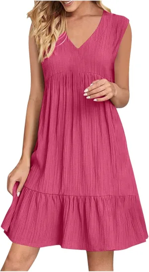 Sundresses for Women 2025 Casual Summer Beach Vacation Hawaiian Dress Pleated V Neck Tunic A Line Flowy Mini Dresses