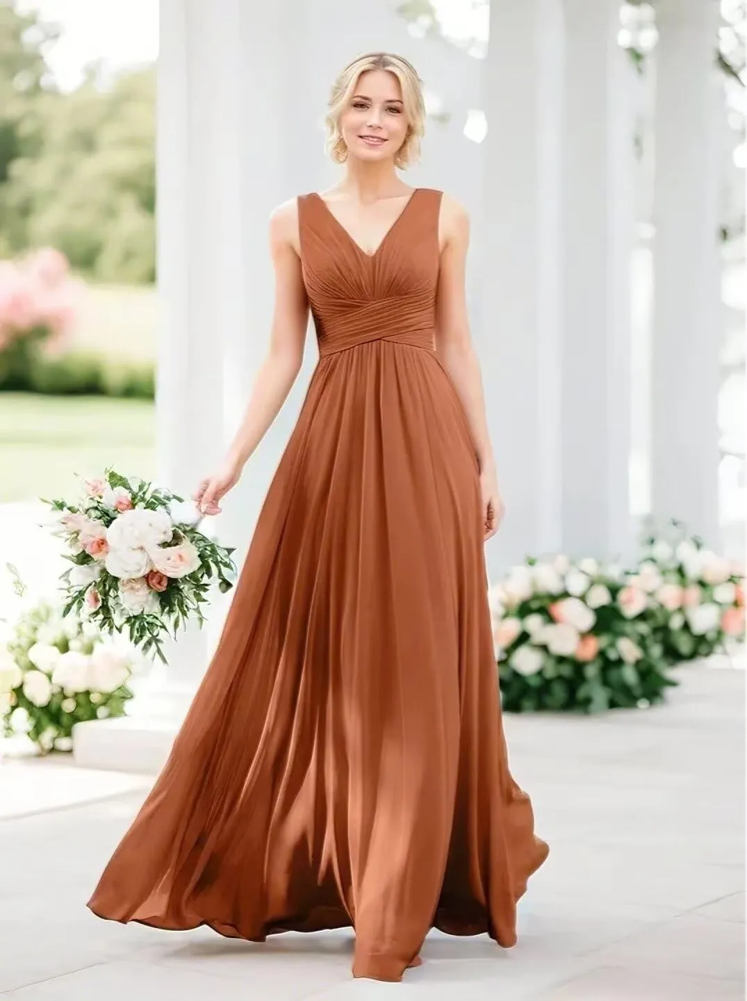 V Neck Bridesmaid Dresses Chiffon Pleated Evening Dress Long Formal Dress