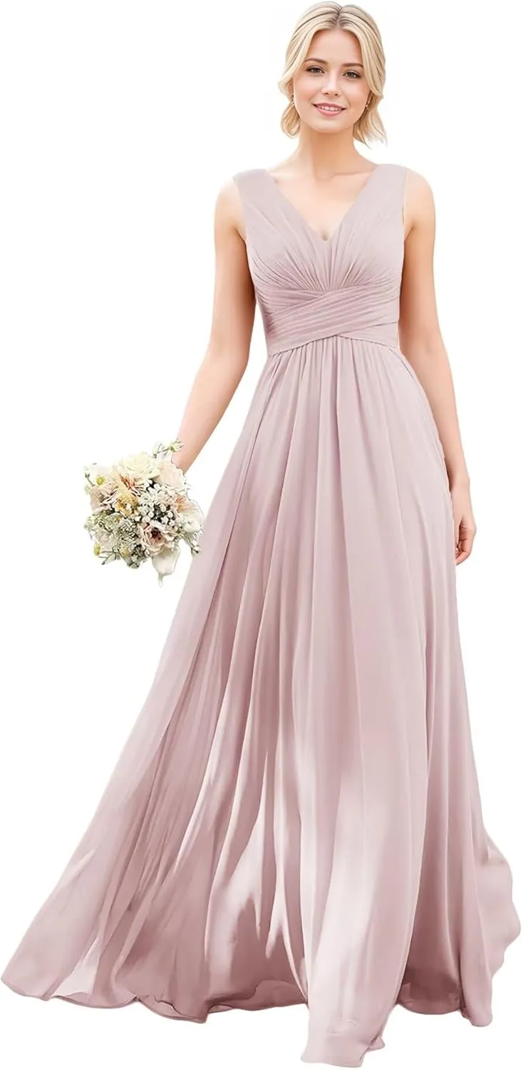 V Neck Bridesmaid Dresses Chiffon Pleated Evening Dress Long Formal Dress