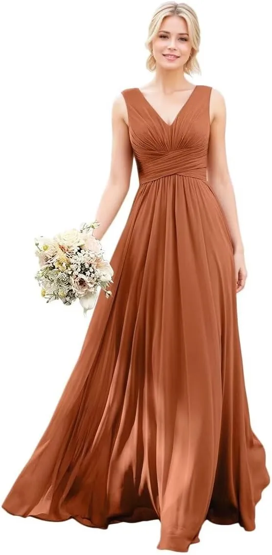 V Neck Bridesmaid Dresses Chiffon Pleated Evening Dress Long Formal Dress