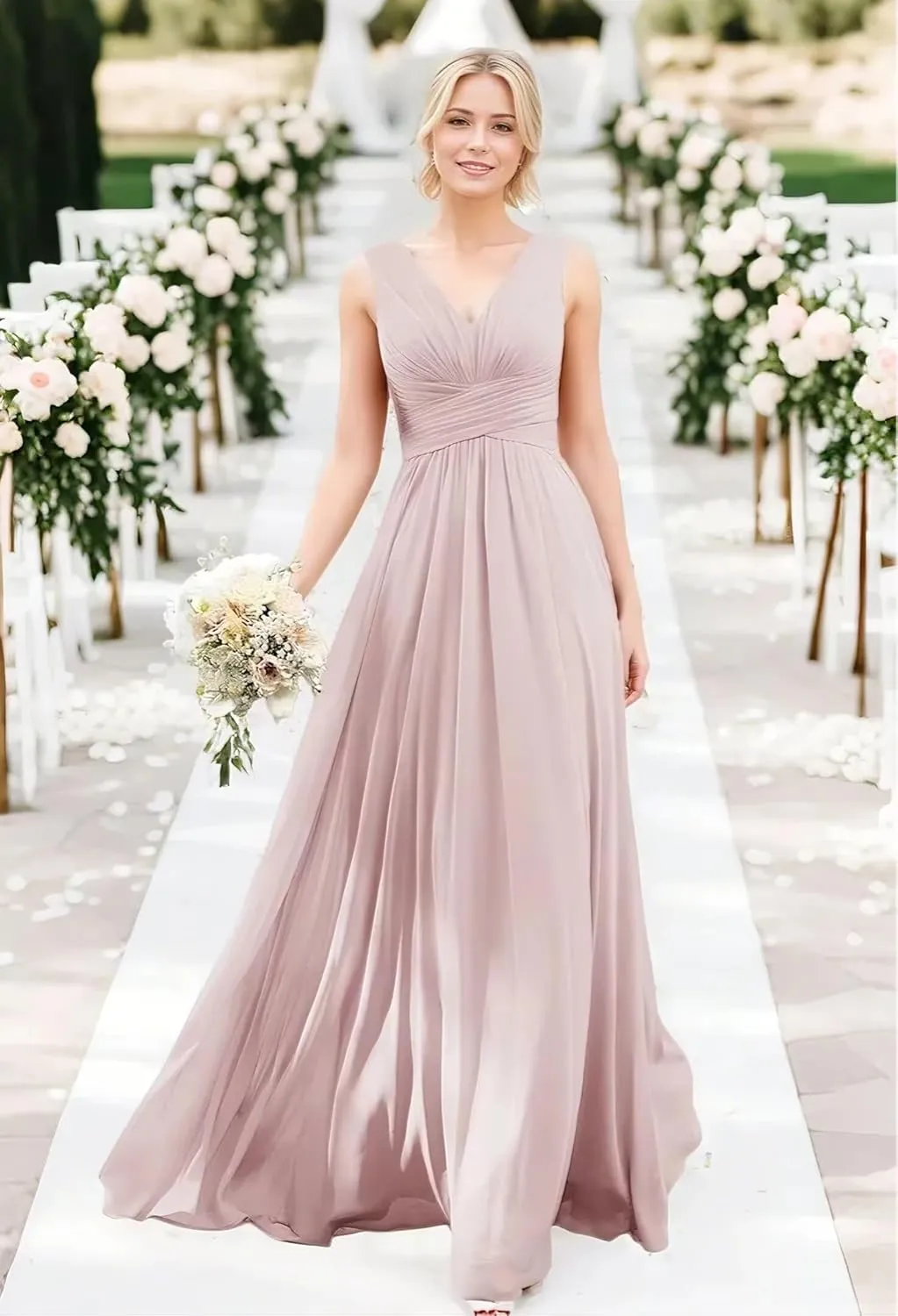 V Neck Bridesmaid Dresses Chiffon Pleated Evening Dress Long Formal Dress