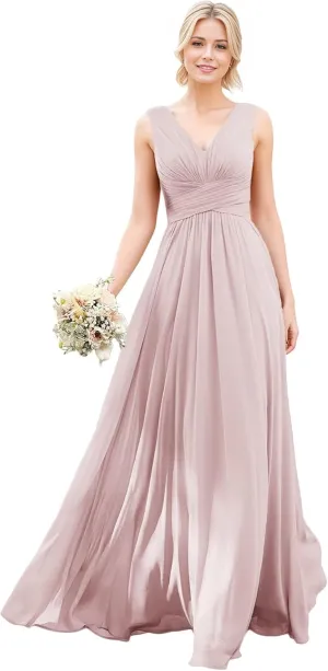 V Neck Bridesmaid Dresses Chiffon Pleated Evening Dress Long Formal Dress