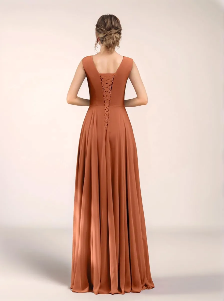 V Neck Bridesmaid Dresses Chiffon Pleated Evening Dress Long Formal Dress