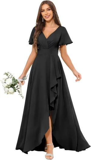 V Neck Ruffle Chiffon Bridesmaid Dresses with Sleeves Long Formal Evening Gowns with Slit