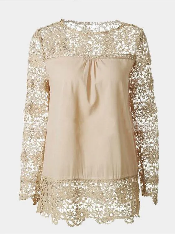 Wholesale Crew Neck Plain Lace Long Sleeve Khaki T-Shirts