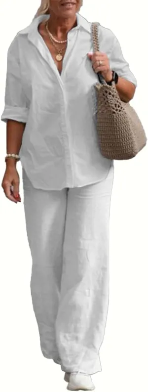 Women 2 Piece Cotton Linen Outfits Casual Loose Roll Sleeve Button Top Shirt High Waist Wide Leg Pants Sets