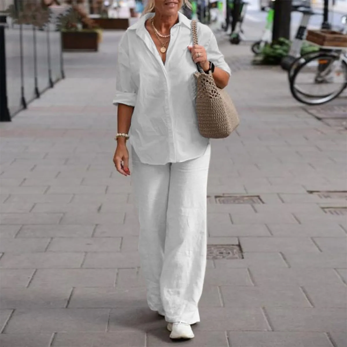 Women 2 Piece Cotton Linen Outfits Casual Loose Roll Sleeve Button Top Shirt High Waist Wide Leg Pants Sets