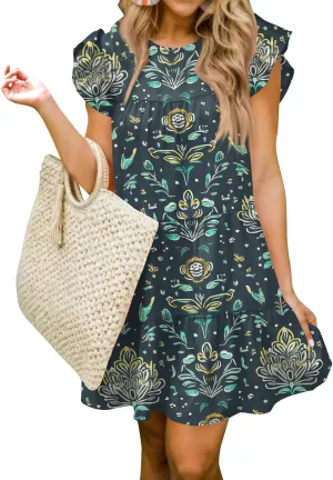 Women Babydoll Summer Casual Crew Neck Ruffle Sleeve Sleeveless Flowy Mini Short Tunic Dress Floral Print Pleated Dress2-Black,Medium