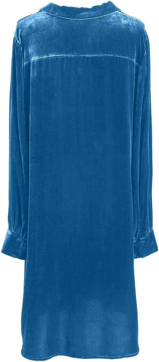 Women Velvet T Shirt Dress Long Sleeve V Neck Shift Midi Dress Fall Casual Velour Lapel Holiday Party Tunic Dress