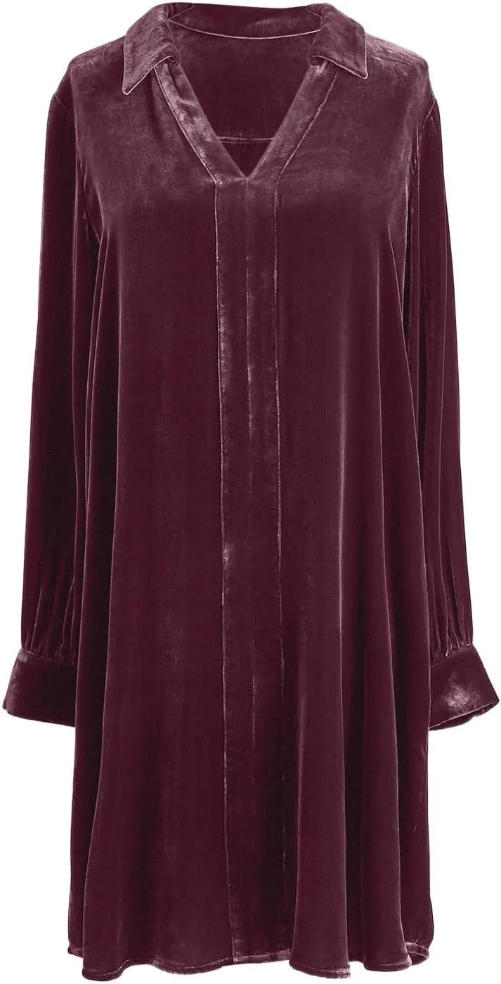 Women Velvet T Shirt Dress Long Sleeve V Neck Shift Midi Dress Fall Casual Velour Lapel Holiday Party Tunic Dress