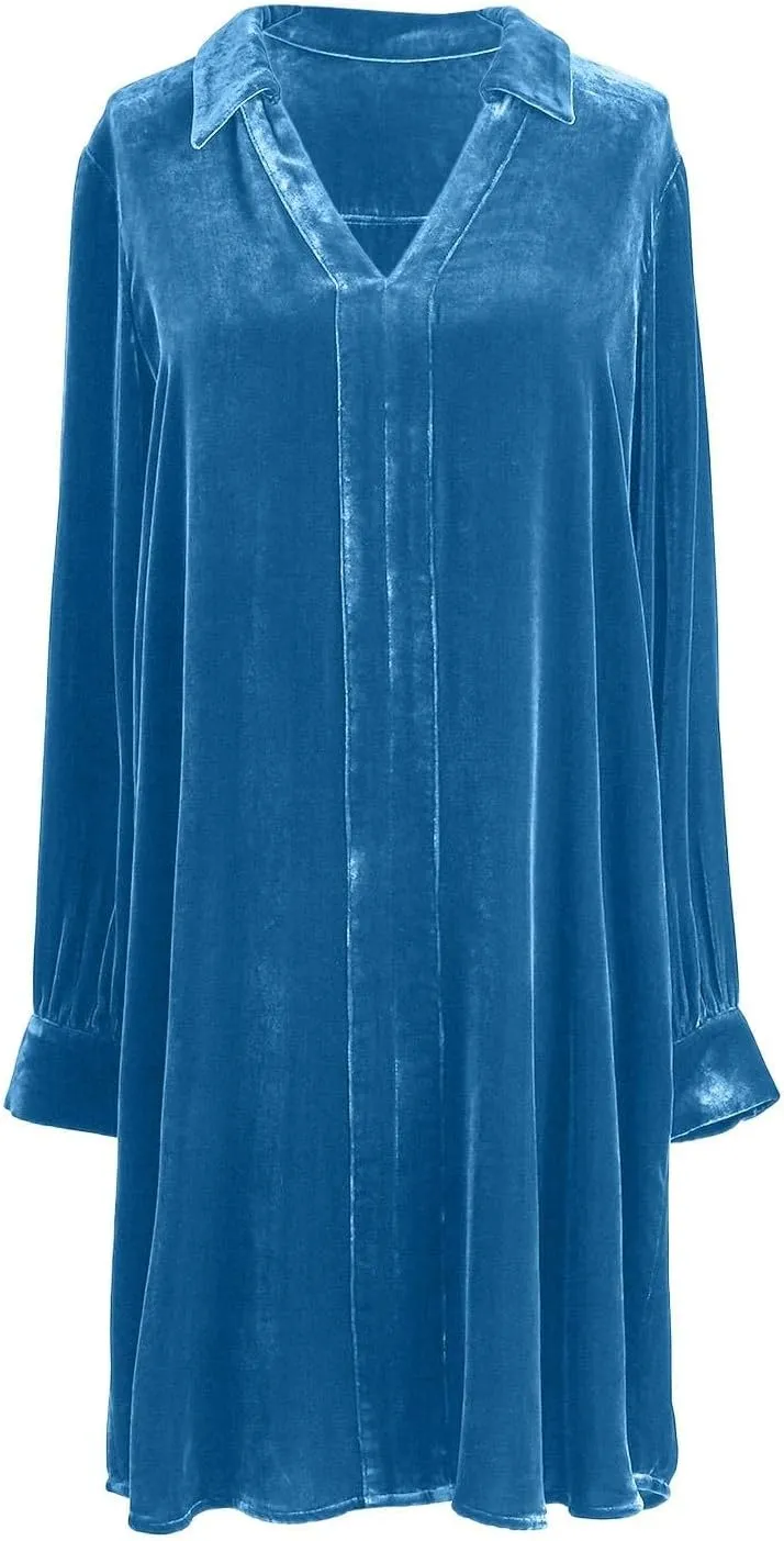 Women Velvet T Shirt Dress Long Sleeve V Neck Shift Midi Dress Fall Casual Velour Lapel Holiday Party Tunic Dress