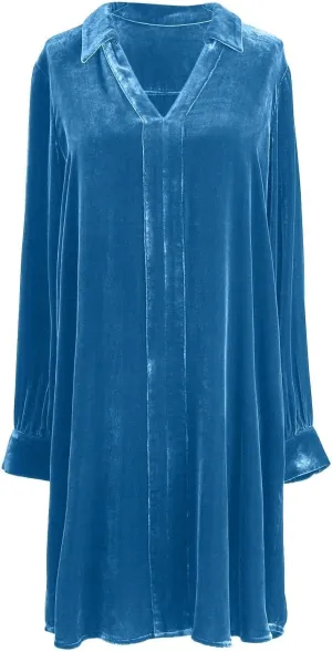 Women Velvet T Shirt Dress Long Sleeve V Neck Shift Midi Dress Fall Casual Velour Lapel Holiday Party Tunic Dress