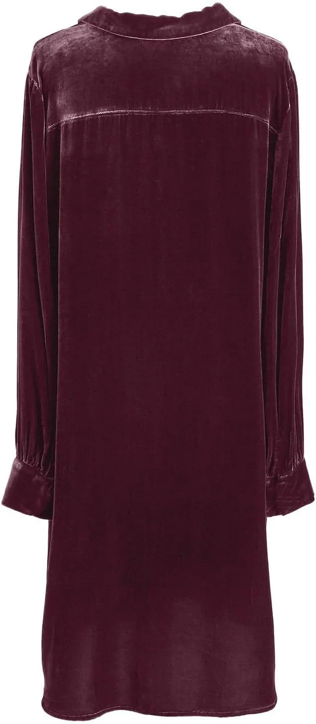 Women Velvet T Shirt Dress Long Sleeve V Neck Shift Midi Dress Fall Casual Velour Lapel Holiday Party Tunic Dress