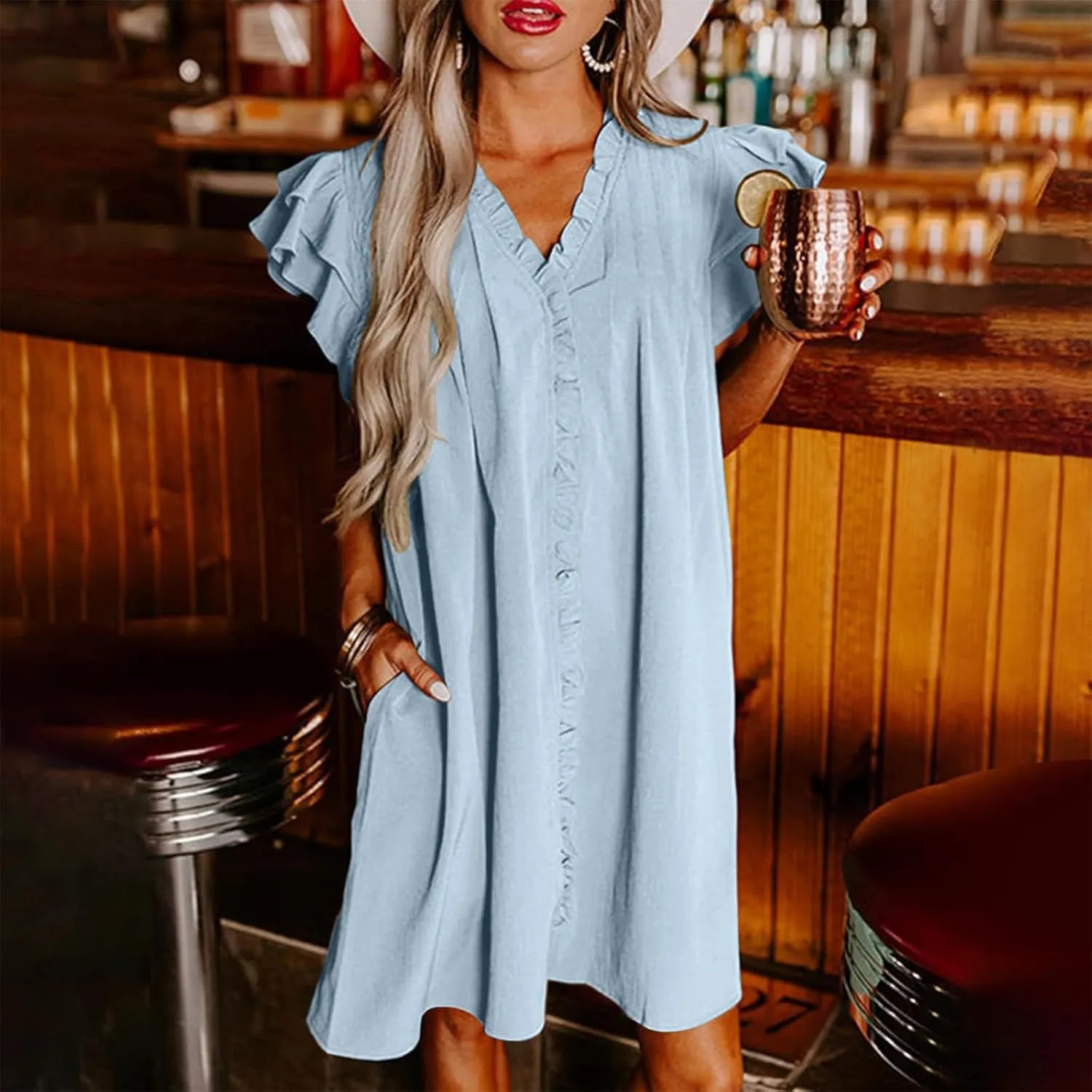 Womens 2024 Summer Tshirt Dresses Casual V-Neck Ruffle Cap Short Sleeve Mini Dress Loose Pleated Beach Sundress